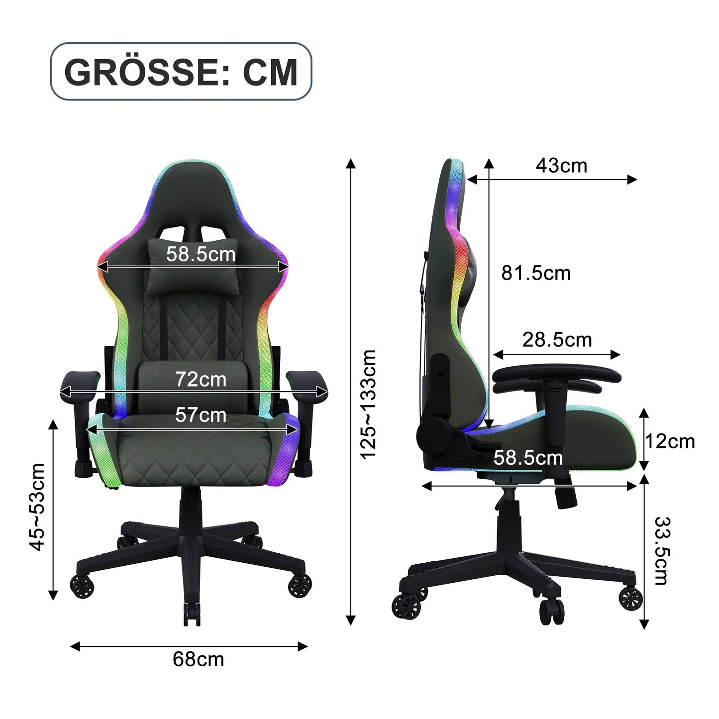 Comanlai Ergonomic Gaming Chair with RGB LED Lights Massage Lumbar Pillow Adjustable Recline Height Game Chair for Office Gaming