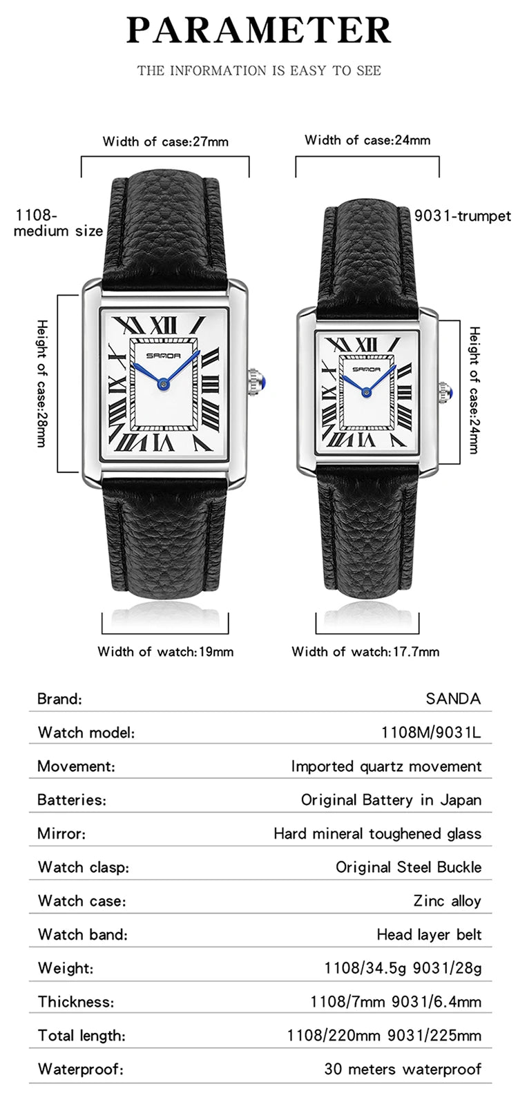 SANDA New Couple Tank Watches Wear Resistant Leather Strap Luxury Square Dial Waterproof Sports Casual Men Women Quartz Watches