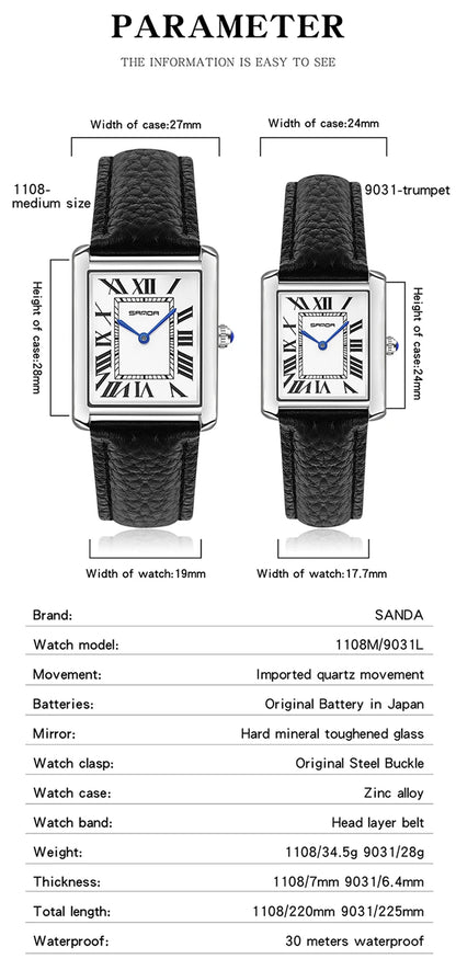 SANDA New Couple Tank Watches Wear Resistant Leather Strap Luxury Square Dial Waterproof Sports Casual Men Women Quartz Watches