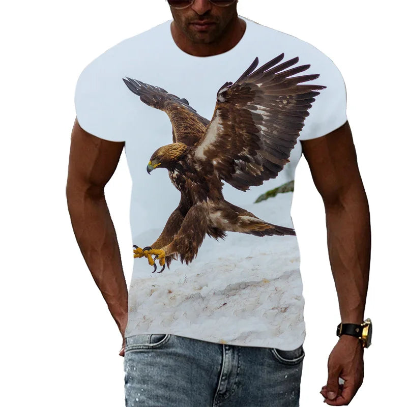 T-shirt para Homem com Águia Divertida Estampada em 3D, T-shirts com Padrão Animal Cool, Verão Harajuku, Corte Largo, Gola Redonda, Manga Curta, T-shirts para Criança