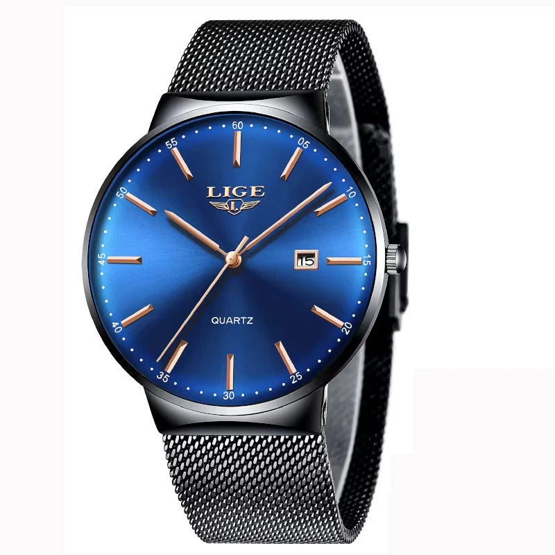 Relógio de homem LIGE, modelo elegante e luxuoso, ultrafino, estanque, com bracelete em malha, movimento de quartzo, indicação da data e calendário – ideal para um estilo profissional.