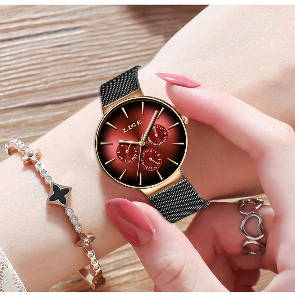 Relógio feminino LIGE, elegante e moderno – Estilo desportivo e descontraído, bracelete em malha, movimento de quartzo, indicação da data e do dia, resistente à água.
