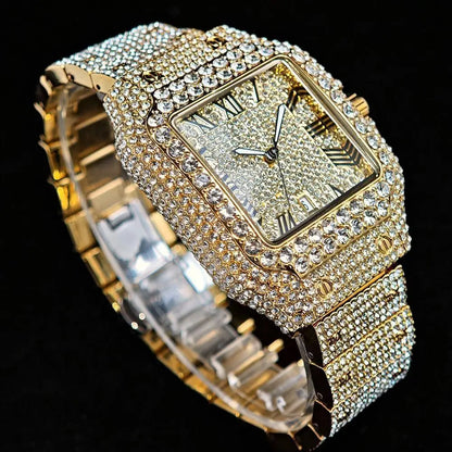 Hot UNIGUET Men's Square Watch Luxury Hip Hop Diamond Jewelry Waterproof Stainless Steel Quartz Wristwatch Fashion Man Accessory
