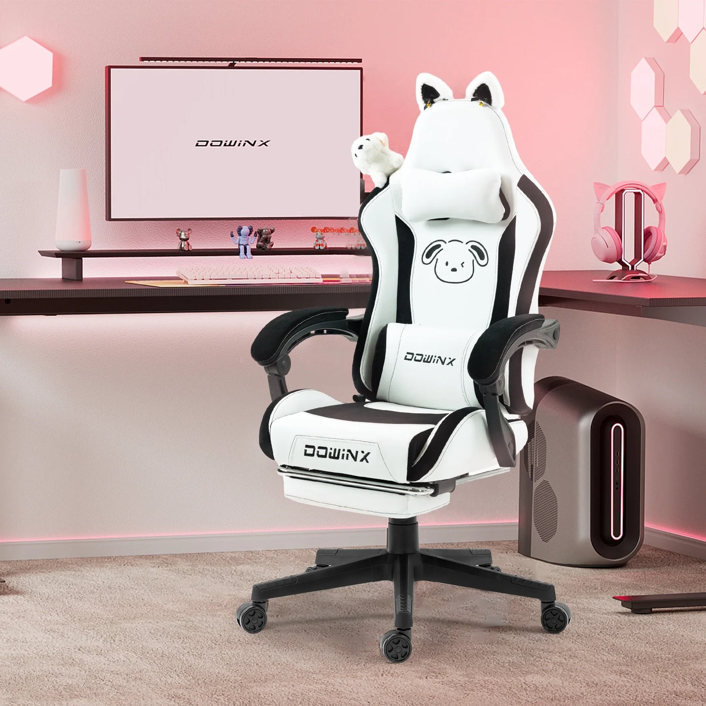 Söt gamingstol med kattöron och fotstöd – rosa kawaii-datorstol, ergonomisk gamer-stol med hög rygg och svankstöd med kattassmotiv