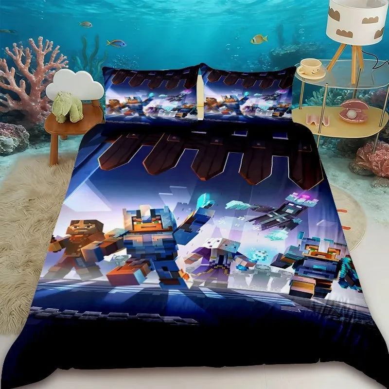 Cartoon Children Duvet Cover Minecraft Cartoon Quilt Cover Bedding Set Queen King Full Size with 1/2 Pillowcase Bedroom