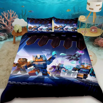 Cartoon Children Duvet Cover Minecraft Cartoon Quilt Cover Bedding Set Queen King Full Size with 1/2 Pillowcase Bedroom