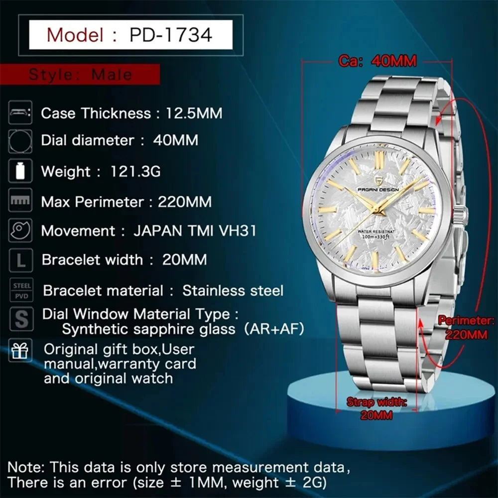 PAGANI DESIGN 40MM Men Quartz Watches Japan TMI VH31 Luxury Business Sapphire 316L Stainless Steel 100M Waterproof Watch For Men