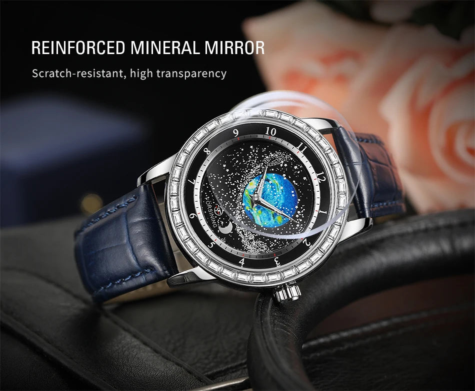 2026 FORSINING Design Earth Star Moon Set With Diamonds Genuine Belt Men Mechanical Automatic Watch Waterproof For Business