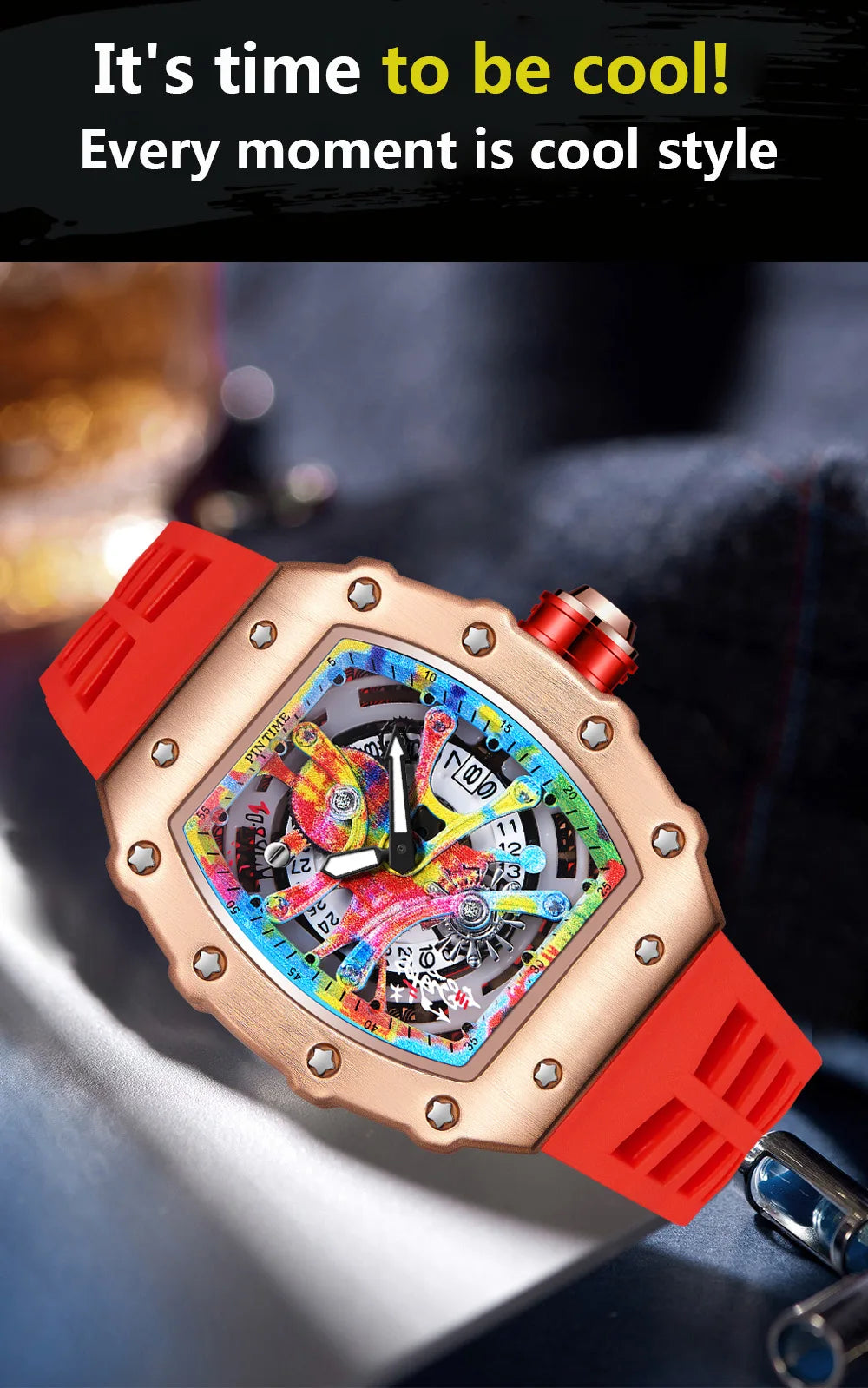 New Cool Men's Watches Luxury Fashion Silicone Tonneau Watch Skeleton Waterproof Quartz Wristwatches Clock Relogio Masculino