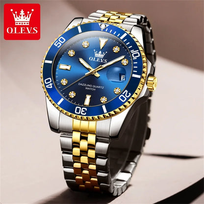 Relógio de homem OLEVS – Relógio de luxo, estilo profissional, à prova de água, com indicador de data, ponteiros luminescentes, caixa em aço inoxidável e mostrador azul – Relógio de quartzo