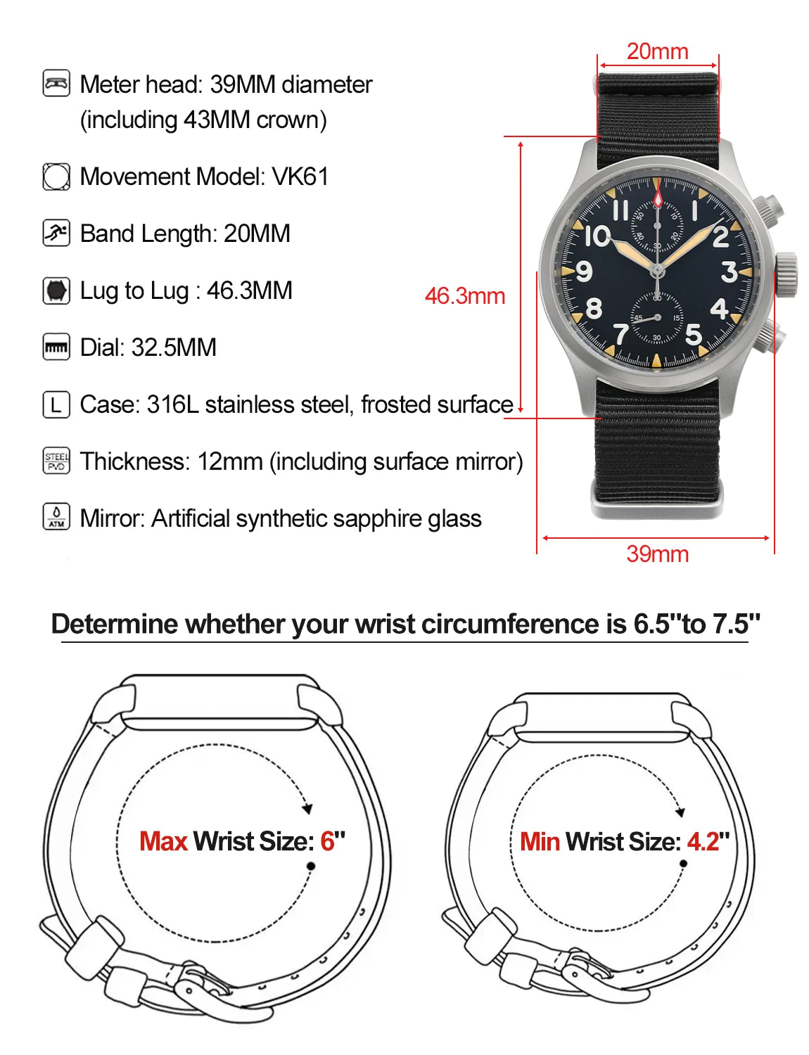 Militado ML1868 Watch VK61 Quartz Movement 100m Waterproof Watches Men Stainless Steel Chronograph Sapphire Crystal Wristwatch
