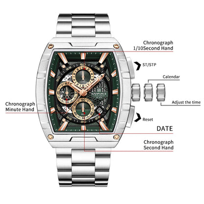 NAVIFORCE Luxury Chronograph Quartz Watch for Men Fashion Tonneau Stainless Steel Man Watches Waterproof Luminous WristWatch