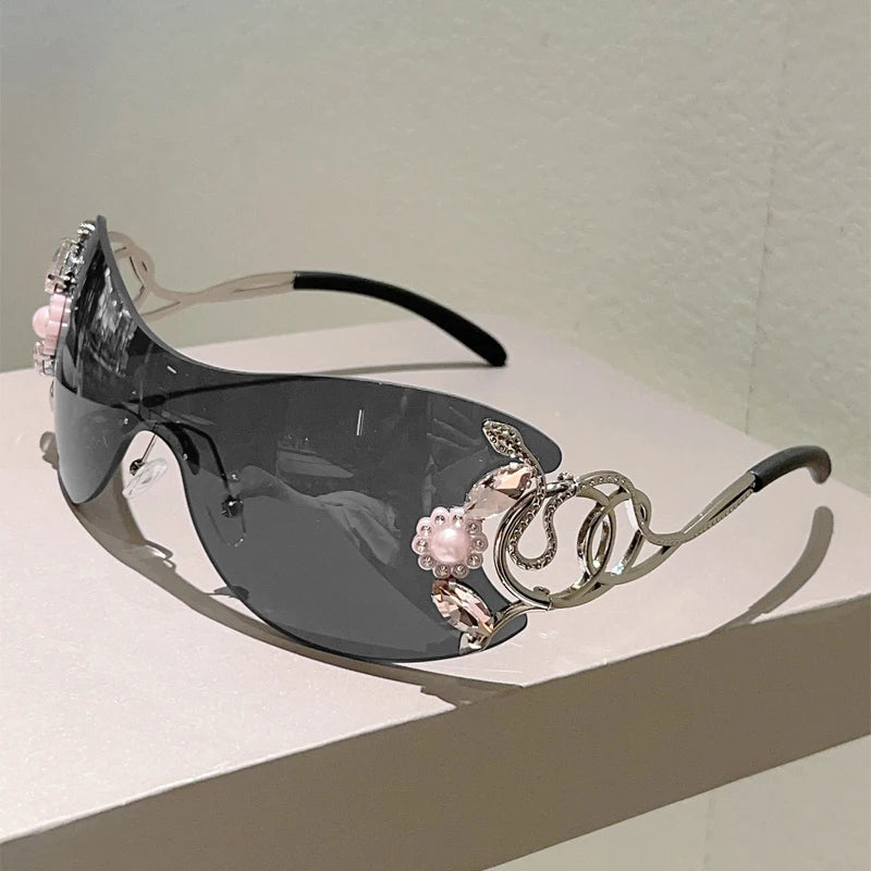 Ochelari de soare KAMMPT fără ramă Y2k cu strasuri, pentru femei, monobloc, pentru activități în aer liber, cu design la modă și lentile cu gradient
