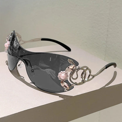 Ochelari de soare KAMMPT fără ramă Y2k cu strasuri, pentru femei, monobloc, pentru activități în aer liber, cu design la modă și lentile cu gradient
