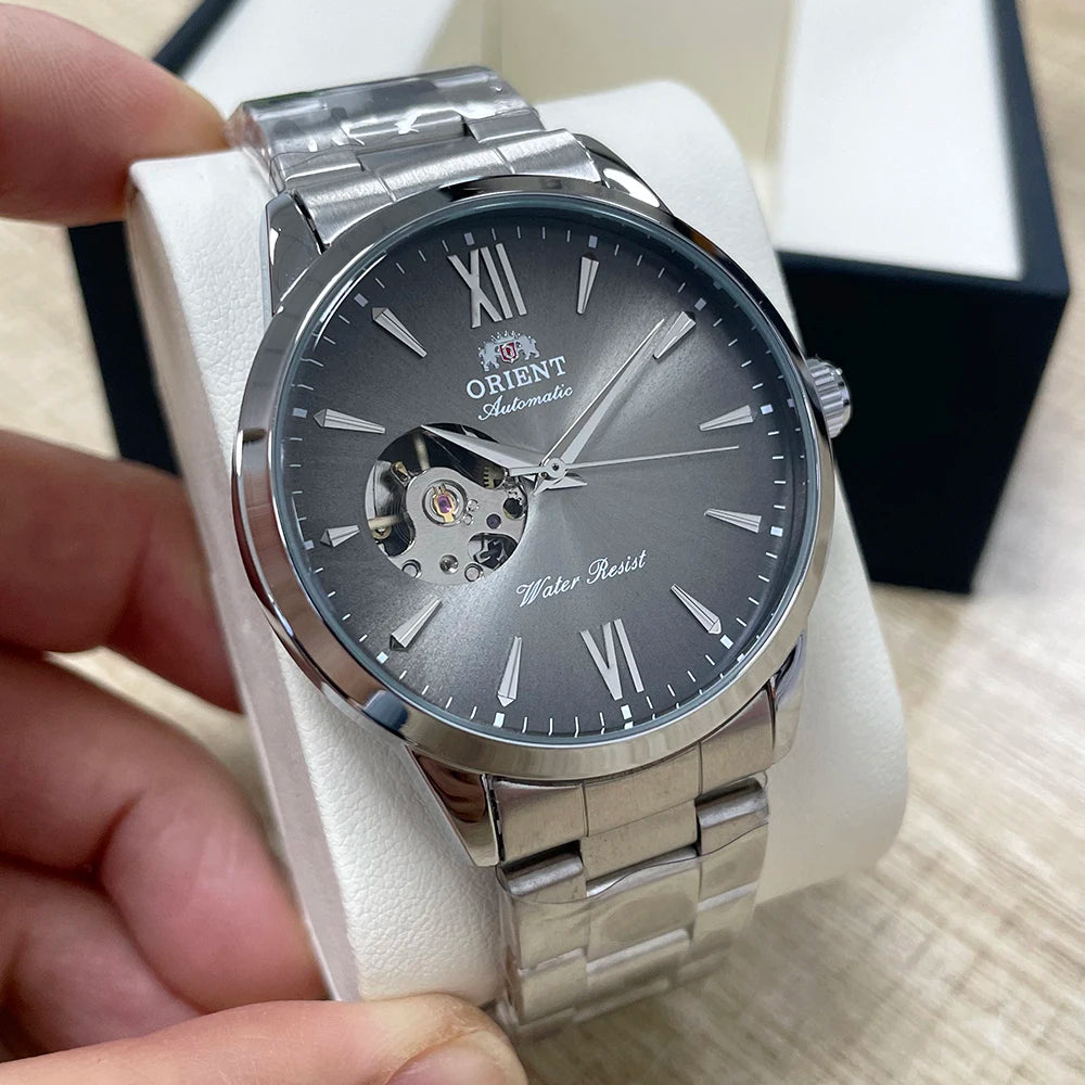 Orient Men's Automatic Open Heart Watch Blue Dial Stainless Steel Band Casual Dress Wristwatch 30M Water Resistant Fashion Watch