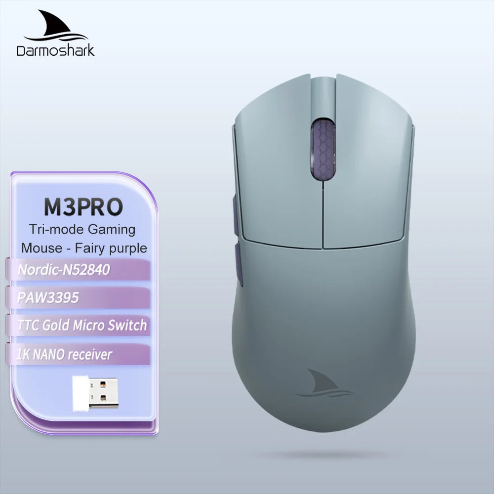 Herná myš Darmoshark M3Pro 2.4G BT bezdrôtová s trojitým režimom, snímačom PAW3395, N52840, 26000DPI, pre veľkú ruku, makro ovládač, myš na hranie
