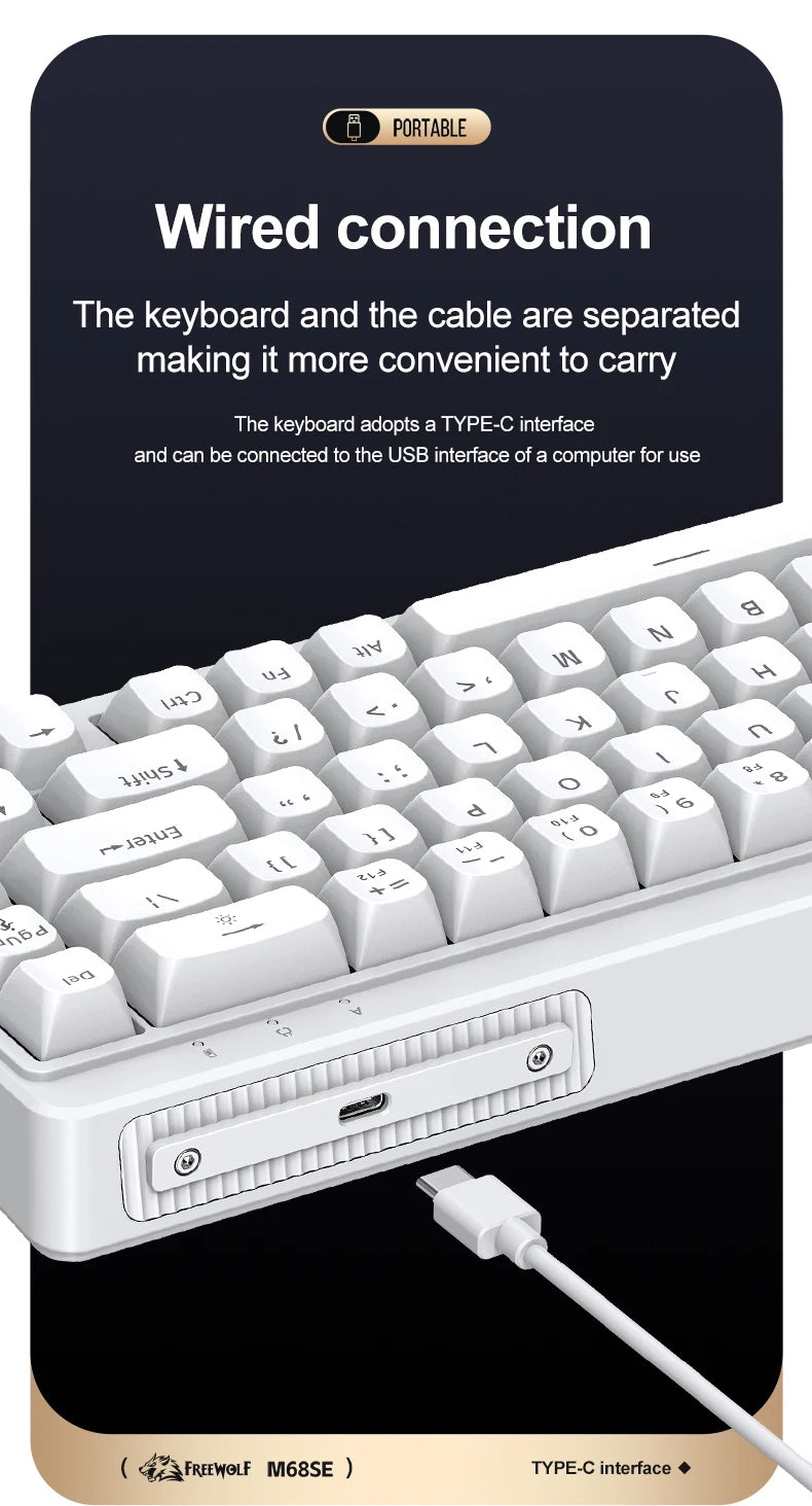 FREEWOLF M68SE 68% Mini Wired Keyboard RGB Backlit Silent Mechanical Feel Type-C Detachable Cable for PC Mac