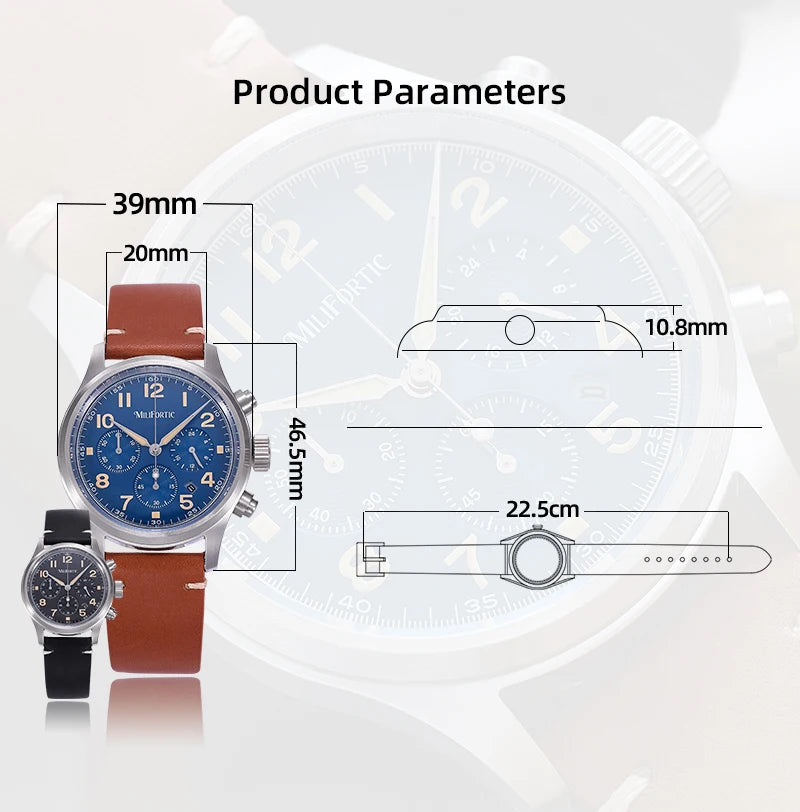 Milifortic 39MM Men's Solar Chronograph M069 Sapphire Crystal VS75 Stainless Steel Case Military Style Quartz Wristwatches
