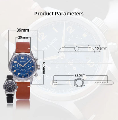 Milifortic 39MM Men's Solar Chronograph M069 Sapphire Crystal VS75 Stainless Steel Case Military Style Quartz Wristwatches