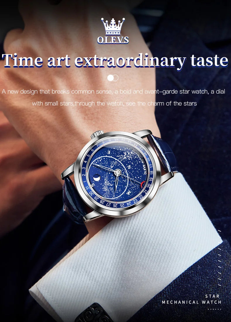 OLEVS 9923 Men's Watches Moon Phase Automatic Mechanical Watch for Man Blue Leather Luxury Dress Waterproof Luminous Wristwatch
