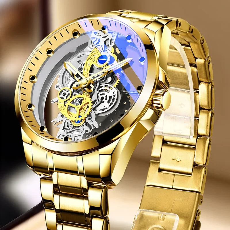 Trendy men’s watch, dual-opening model, luxury gold-tone style, imitation mechanical tourbillon, quartz movement.