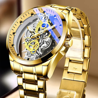 Trendy men’s watch, dual-opening model, luxury gold-tone style, imitation mechanical tourbillon, quartz movement.