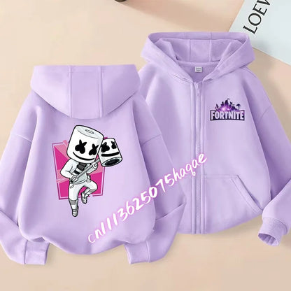 Nuova felpa con cappuccio autunnale per bambini Fortnite, giacca con zip e stampa personaggio cartoon del gioco, cappotto invernale per ragazzi