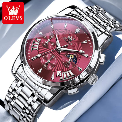 OLEVS Brand Fashion Red Watch for Men Luxury Sport Waterproof Stainless Steel Chronograph Quartz Watches Relogio Masculino
