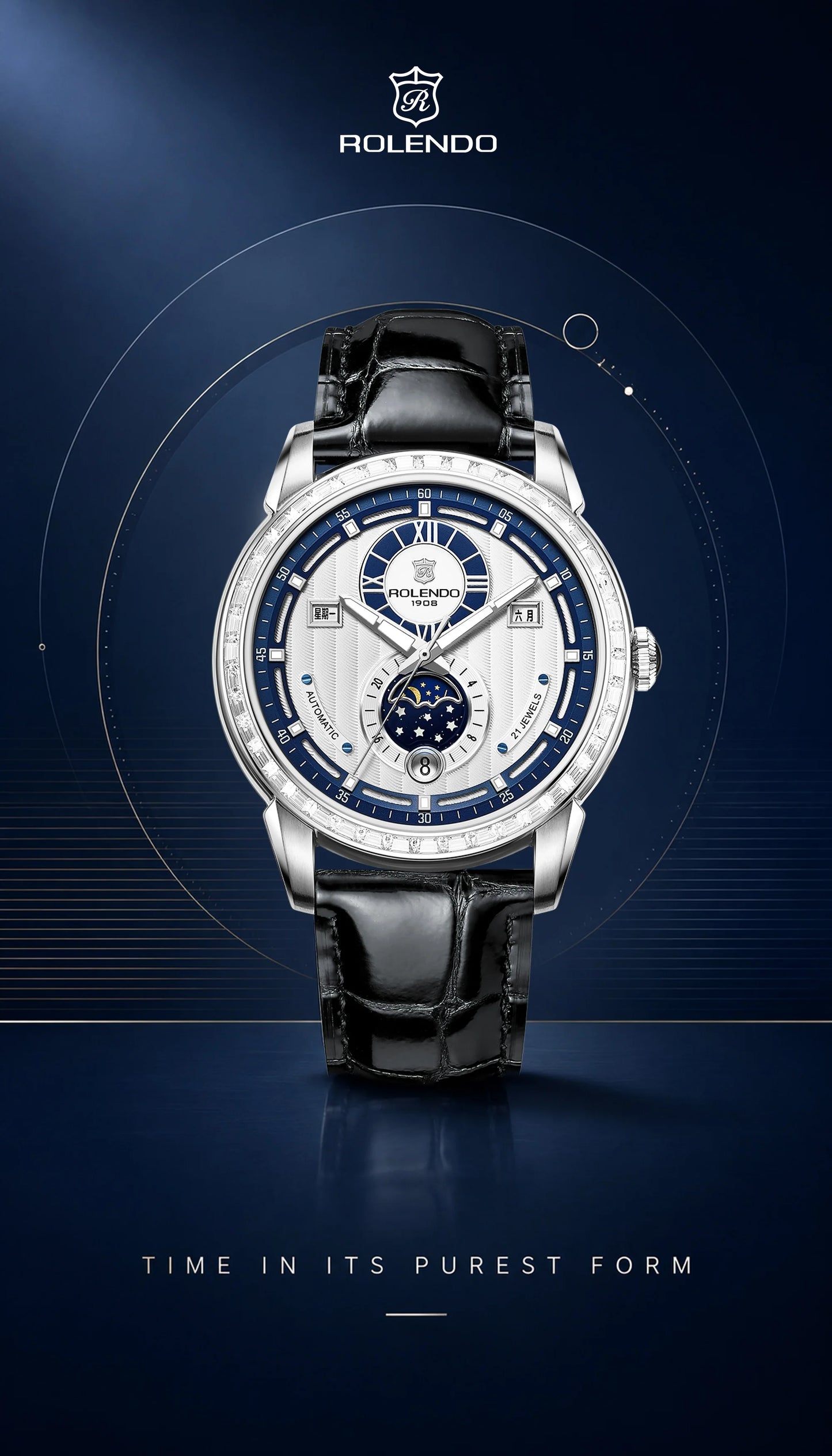 ROLENDO 1908 Men Automatic Mechanical Watch Diamond Luminous Leather Strap Waterproof Business Luxury Wristwatch For Male Gift