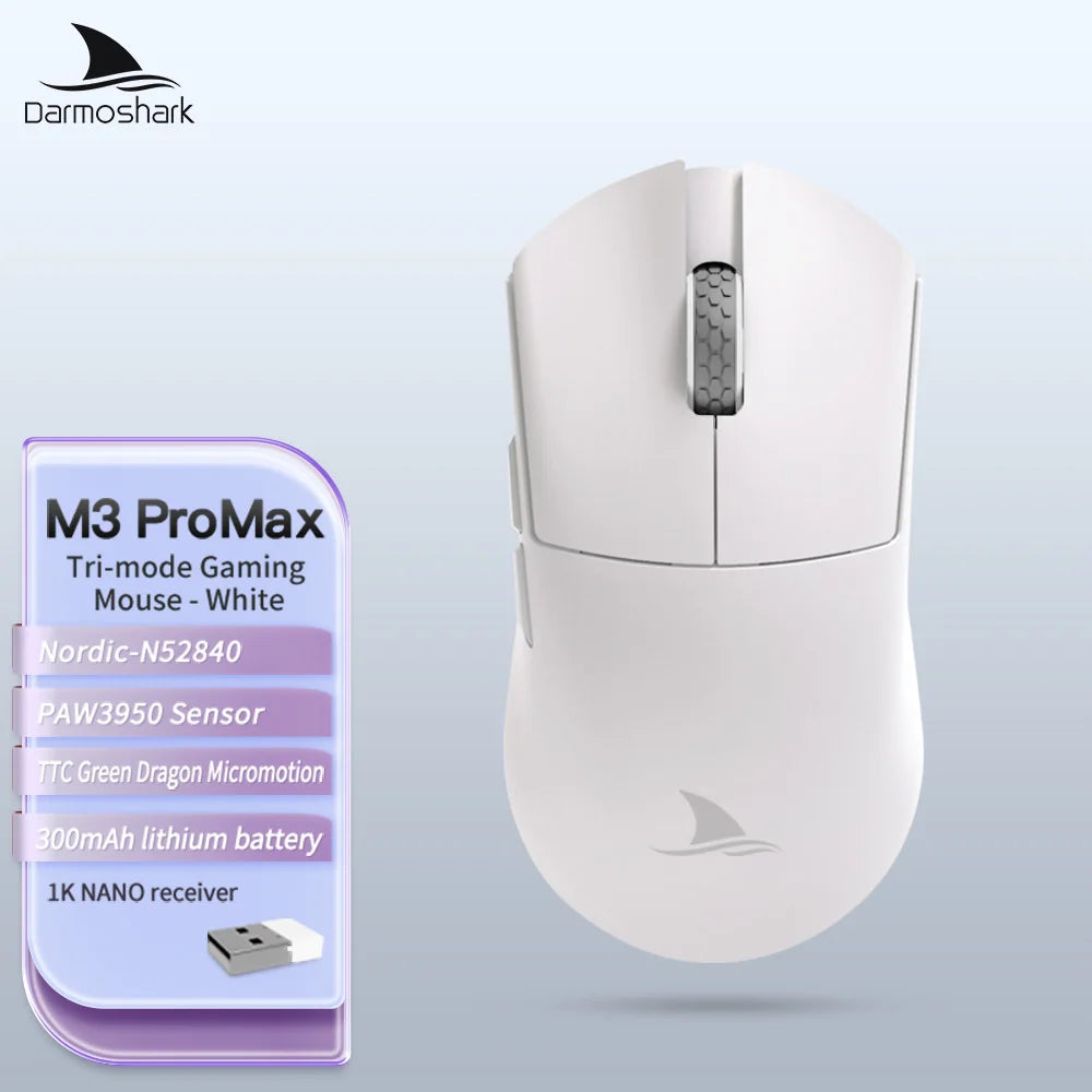 Herná myš Darmoshark M3Pro 2.4G BT bezdrôtová s trojitým režimom, snímačom PAW3395, N52840, 26000DPI, pre veľkú ruku, makro ovládač, myš na hranie