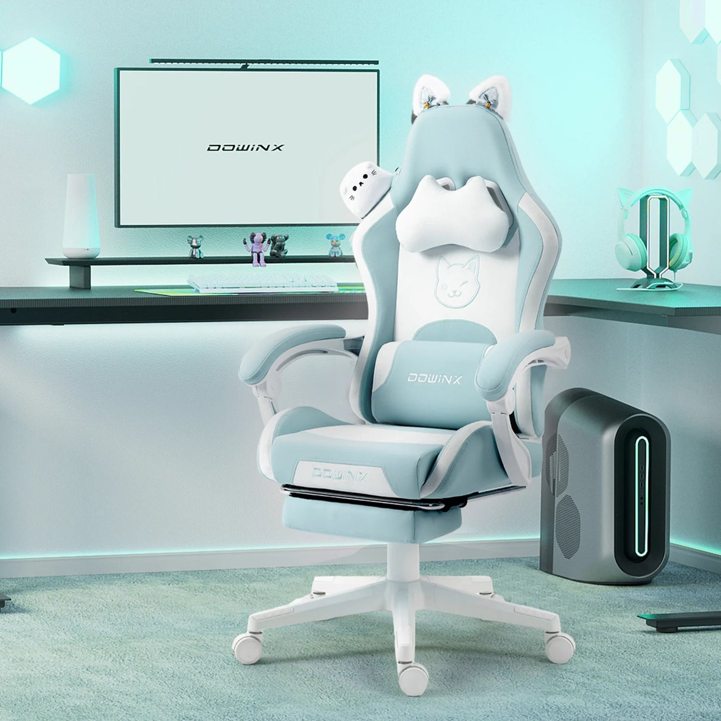 Söt gamingstol med kattöron och fotstöd – rosa kawaii-datorstol, ergonomisk gamer-stol med hög rygg och svankstöd med kattassmotiv