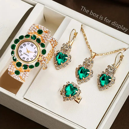 5PCS Luxury Rhinestone Women Watches Jewelry Set Fashion Adjustable Bangle Ladies Quartz Wristwatch Reloj Mujer（Without Box）