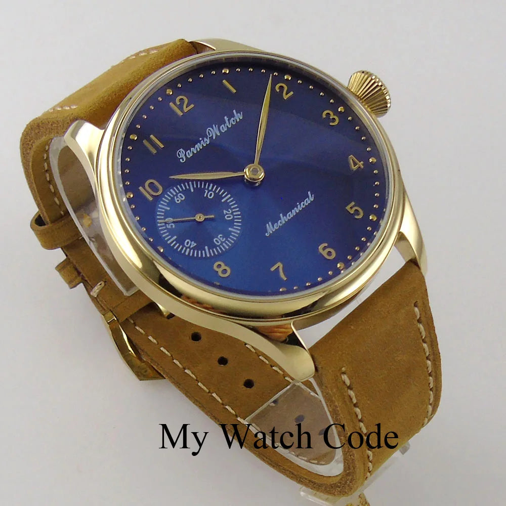 Vintage PARNIS Mechanical Hand Winding Watch Men Gold 44mm Steel Wristwatch Sport 17 Jewels 6497 Movtt Khaki Band Glass Back