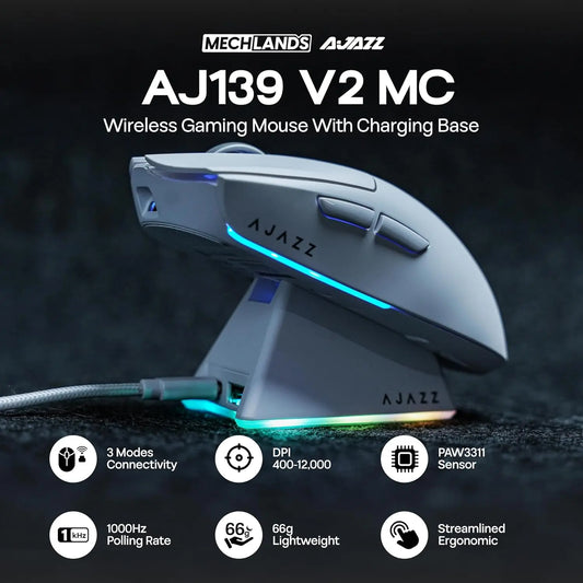 AJAZZ AJ139 V2 PRO Wireless Gaming Mouse, PAW3395/PAW3311 Sensor, 26000 DPI Bluetooth & 2.4GHz Wireless Gaming Mouse for PC, Laptop & Esports