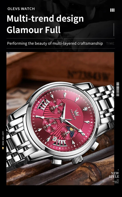 OLEVS Brand Fashion Red Watch for Men Luxury Sport Waterproof Stainless Steel Chronograph Quartz Watches Relogio Masculino