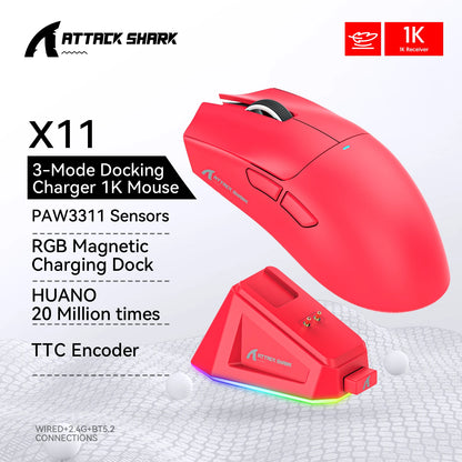 Mouse wireless Attack Shark X11&R1 Tri Mode Bluetooth con base di ricarica RGB, ergonomico e leggero, accessorio per PC gamer