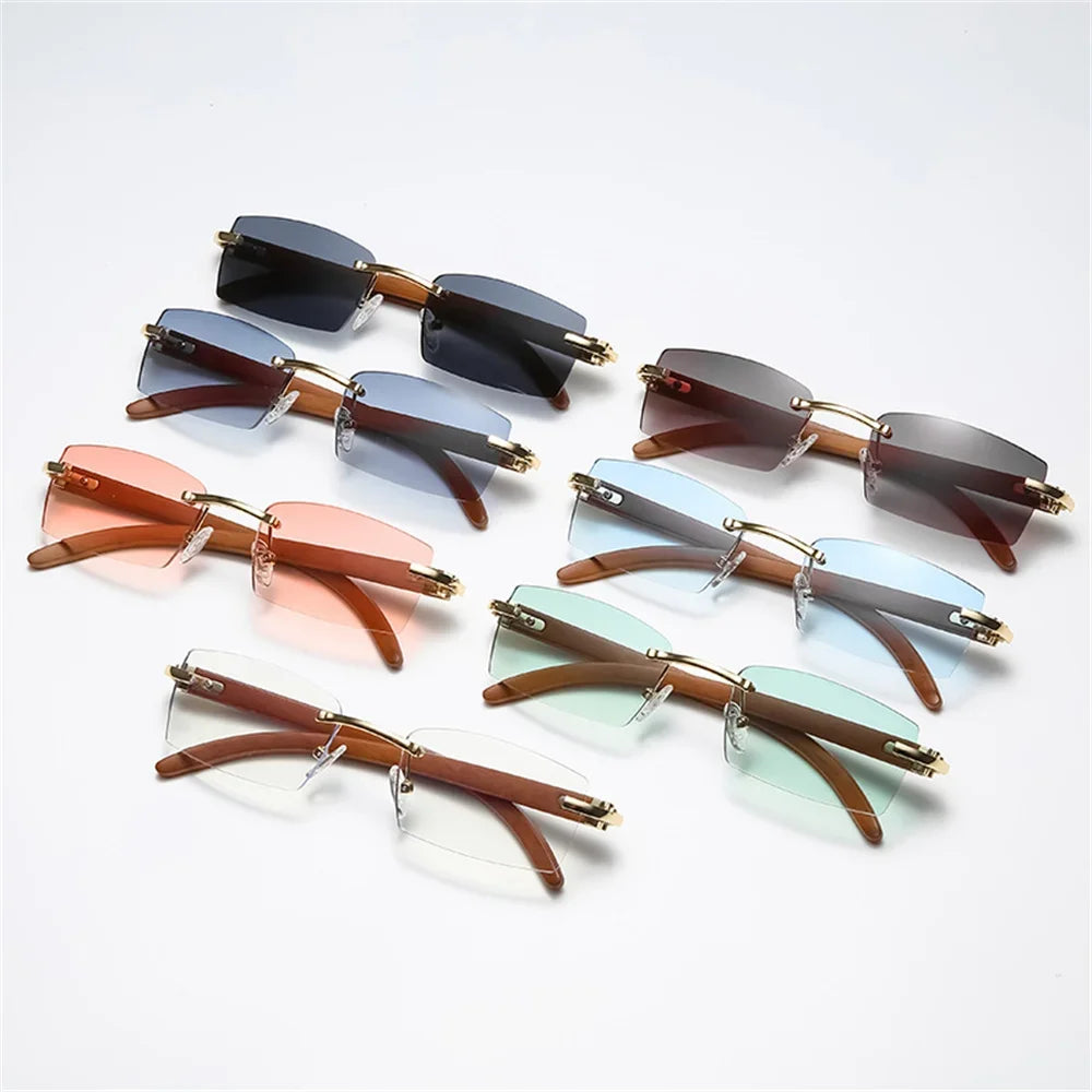Rectangle Fashion Rimless Sunglasses for Women Men Gangster 90s Frameless Shades Retro Vintage Trendy Wooden Frame Eyewear