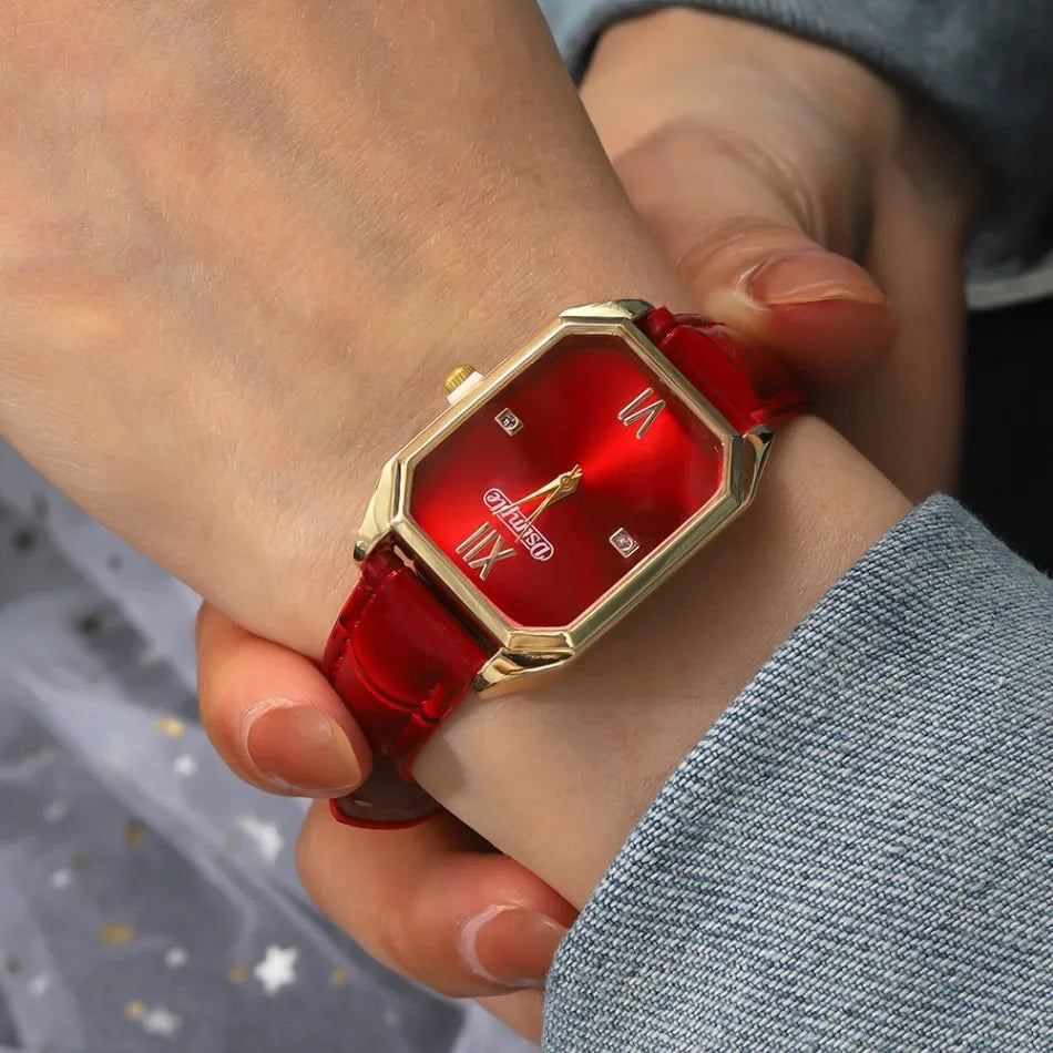 Luxury Women's Watches Elegant Womens Quartz Watch Analog Red PU Leather Designer Square Dial Wrist Watch Ideal Choice for Gifts