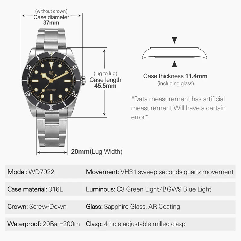 Watchdives WD7922 Quartz Watch VH31 Movement 200m Waterproof Men Watches Sapphire Crystal Luminous Vintage Watches with Gift Box