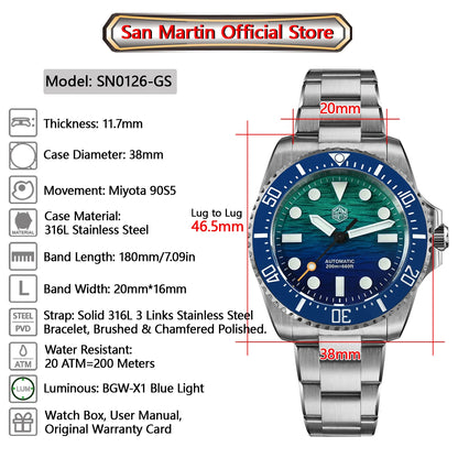San Martin 2026 Men Diver Watch 38mm Wave Texture Dial Miyota 90S5 Automatic Mechanical Luxury Wristwatch Waterproof 200m SN0126