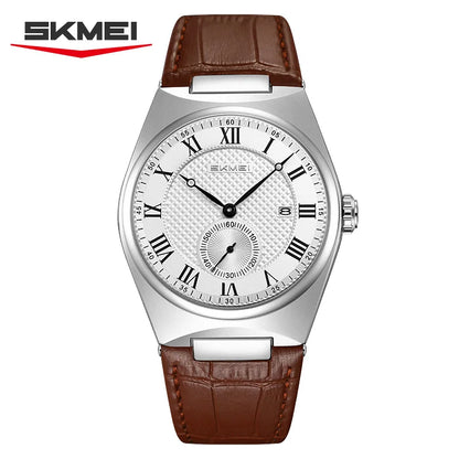 SKMEI 9390 Elegant Men's Quartz Watch Roman Scale Calendar Waterproof Leather Strap Casual Business Watches for Man Reloj Hombre