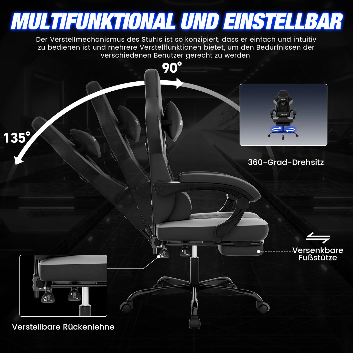 Gaming-Stuhl mit Fußstütze, ergonomischer Gamer-Stuhl mit Lendenkissen und Kopfstütze, höhenverstellbarer Computerstuhl