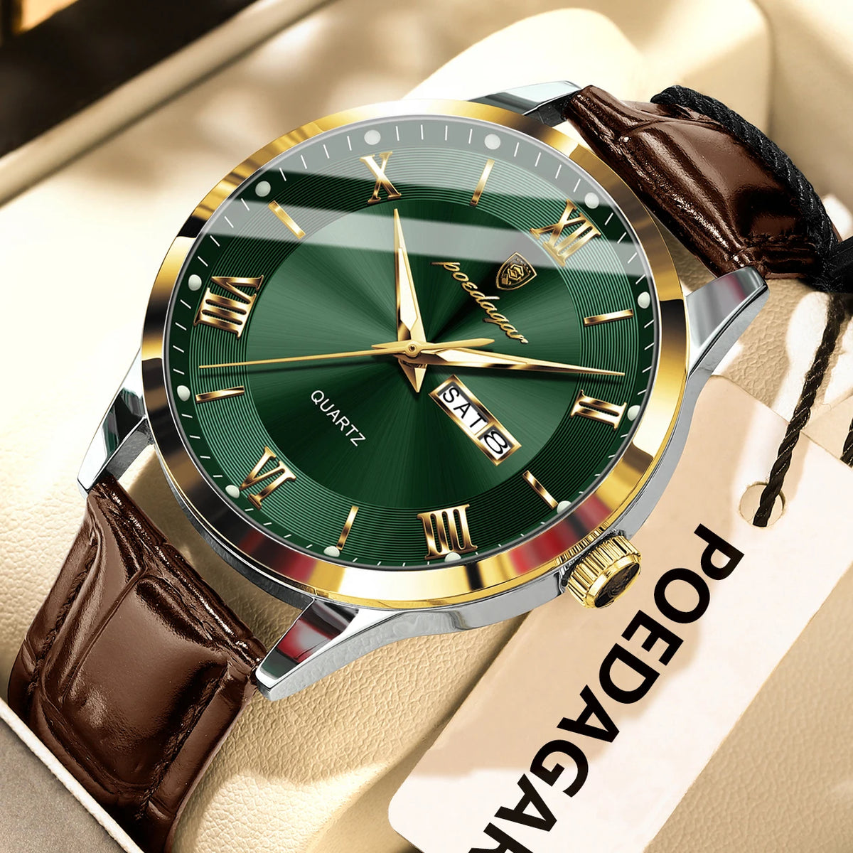 Trendige Herrenuhr von POEDAGAR, Lederarmband, Datums- und Wochentagsanzeige, luxuriöse Quarzuhr, wasserdicht, leuchtend, lässiger Business-Stil.
