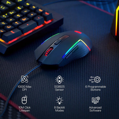 Redragon M616 RGB Gaming 10000 DPI Wired Optical 6 Programmable Buttons 8 Backlit Modes Software Supports DIY Keybinds Mouse
