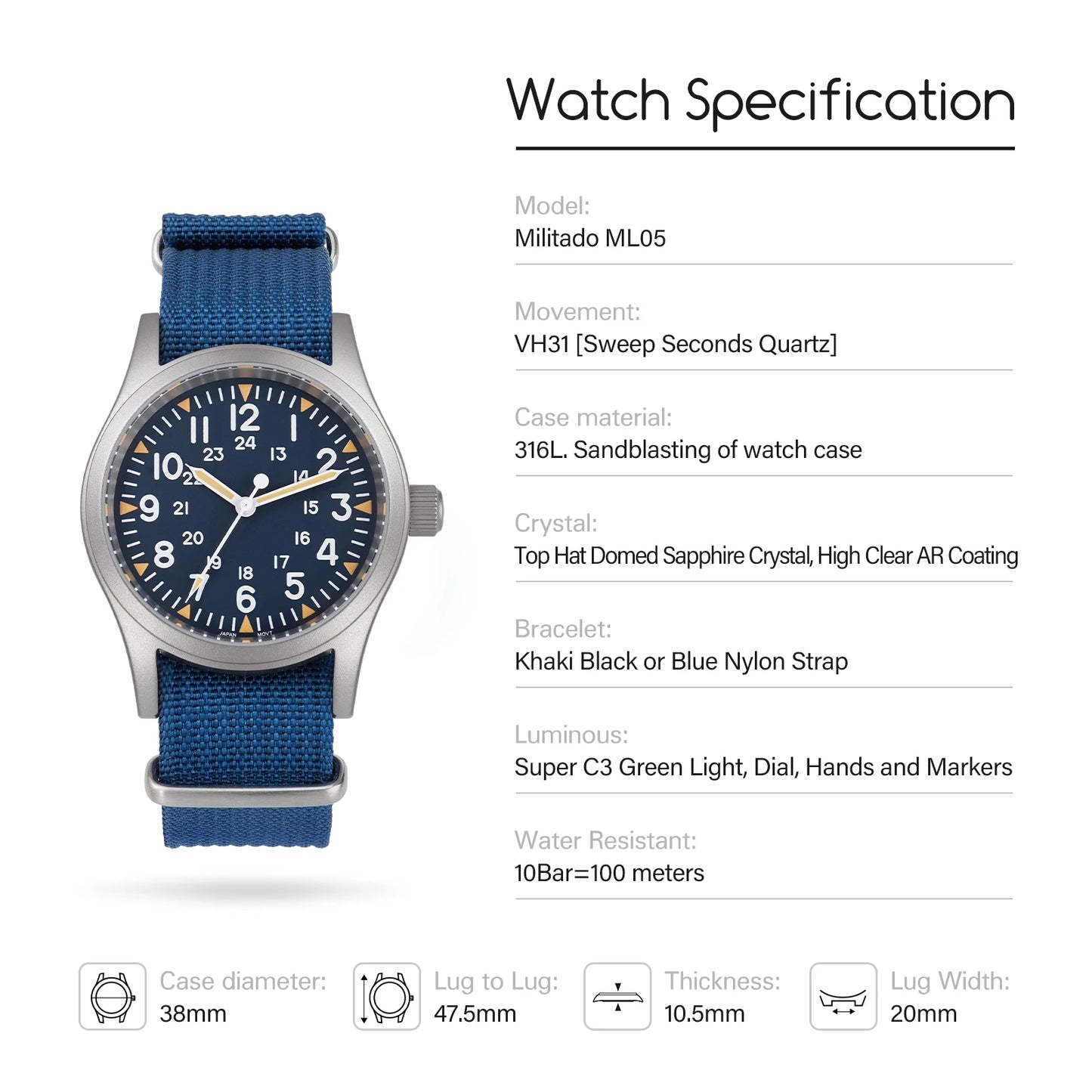 Militado ML05 Military Watch VH31 Sweep Movement Domed Sapphire Crystal Wristwatch High Clear AR Coating 38mm Vintage Watches