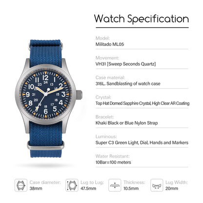 Militado ML05 Military Watch VH31 Sweep Movement Domed Sapphire Crystal Wristwatch High Clear AR Coating 38mm Vintage Watches