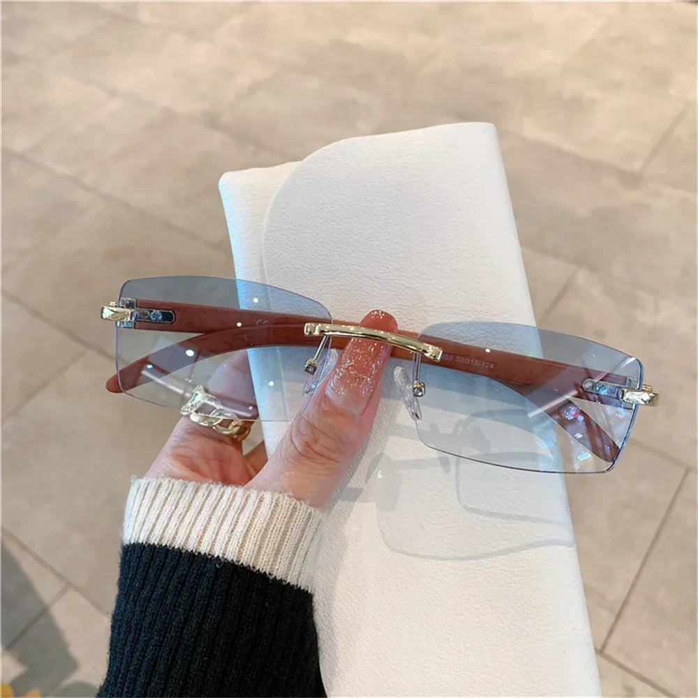 Rectangle Fashion Rimless Sunglasses for Women Men Gangster 90s Frameless Shades Retro Vintage Trendy Wooden Frame Eyewear