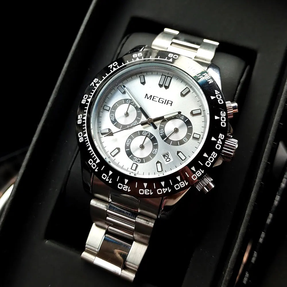 Relógio de homem MEGIR, marca de luxo, relógio desportivo de quartzo, bracelete em aço inoxidável, resistente à água, cronógrafo, relógio de pulso