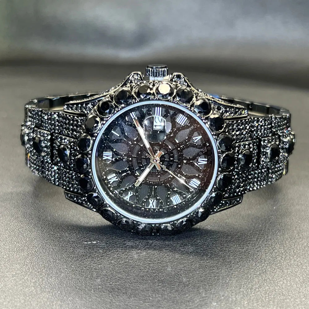 MISSFOX Fashion lced Out Silver Mens Watch Luxury Calendar Waterproof Watch For Man Hip Hop High Quality Big Diamond Wristwatch