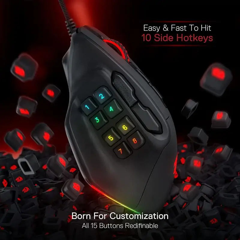 Rato Gaming MMO Redragon M811 Aatrox, rato gamer RGB com fios e 15 botões programáveis, com construção ergonómica para uma pega natural